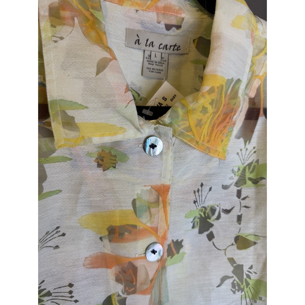A La Carte Sz L Button Up Semi-Sheer Long Sleeve Floral Hippy Tropical Org.$177 - Picture 4 of 8